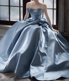 Ndyad A-line Strapless Satin Long Ball Dress, Blue Formal Dress HZ1024