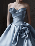 Ndyad A-line Strapless Satin Long Ball Dress, Blue Formal Dress HZ1024