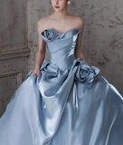 Ndyad A-line Strapless Satin Long Ball Dress, Blue Formal Dress HZ1024