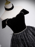 Evafashion A-line Off-shoulder Velvet Tulle Sequin Long Prom Dress, Black Formal Dress HZ1024