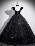 Evafashion A-line Off-shoulder Velvet Tulle Sequin Long Prom Dress, Black Formal Dress HZ1024