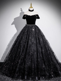 Evafashion A-line Off-shoulder Velvet Tulle Sequin Long Prom Dress, Black Formal Dress HZ1024