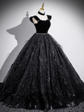 Evafashion A-line Off-shoulder Velvet Tulle Sequin Long Prom Dress, Black Formal Dress HZ1024