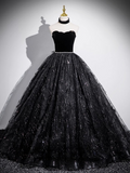 Evafashion A-line Off-shoulder Velvet Tulle Sequin Long Prom Dress, Black Formal Dress HZ1024