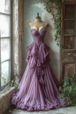 Ndyad A-line Sweetheart Neck Tulle Beaded Long Prom Dress, Vintage Formal Dress HZ1024