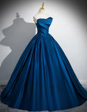 Ndyad A-line Strapless Satin Long Prom Dress, Blue Formal Dress HZ1024