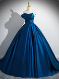Ndyad A-line Strapless Satin Long Prom Dress, Blue Formal Dress HZ1024