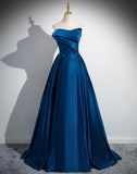 Ndyad A-line Strapless Satin Long Prom Dress, Blue Formal Dress HZ1024