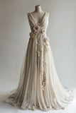 Ndyad V-Neck Beaded Chiffon Long Prom Dress, Vintage Applique Wedding Dress HZ1024