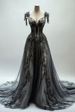 Ndyad Appliques A-line V-neck Lace Tulle Sequin Long Prom Dress, Dark Gray Formal Evening Gowns HZ1024