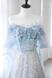 Evafashion A-line Off-the-shoulder Sequin Tulle Long Prom Dress, Blue Formal Dress HZ1024