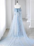 Evafashion A-line Off-the-shoulder Sequin Tulle Long Prom Dress, Blue Formal Dress HZ1024