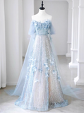 Evafashion A-line Off-the-shoulder Sequin Tulle Long Prom Dress, Blue Formal Dress HZ1024
