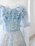 Evafashion A-line Off-the-shoulder Sequin Tulle Long Prom Dress, Blue Formal Dress HZ1024