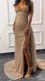 Ndyad Strapless Shiny Beaded Sequin Long Prom Dresses Formal Evening Dresses With Slit HZ1024