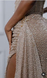 Ndyad Strapless Shiny Beaded Sequin Long Prom Dresses Formal Evening Dresses With Slit HZ1024