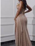 Ndyad Strapless Shiny Beaded Sequin Long Prom Dresses Formal Evening Dresses With Slit HZ1024