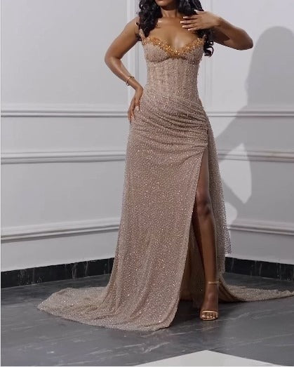 Ndyad Strapless Shiny Beaded Sequin Long Prom Dresses Formal Evening Dresses With Slit HZ1024