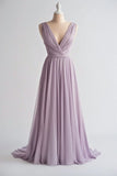 Ndyad Purple A-line V-neck Chiffon Long Prom Dress Simple Bridesmaid Dress HZ1024