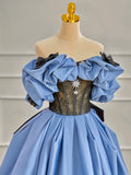 Ndyad Off Shoulder Satin Blue Long Prom Dress, Blue Long Formal Dress HZ1024