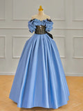 Ndyad Off Shoulder Satin Blue Long Prom Dress, Blue Long Formal Dress HZ1024