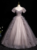 Ndyad A-line V-neck Tulle Sequin Long Prom Dress, Purple Formal Dress HZ1024