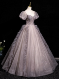 Ndyad A-line V-neck Tulle Sequin Long Prom Dress, Purple Formal Dress HZ1024
