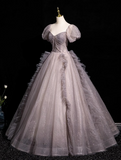 Ndyad A-line V-neck Tulle Sequin Long Prom Dress, Purple Formal Dress HZ1024