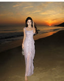 Ndyad retro purple sequined stitching suspender dress HZ1024