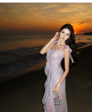 Ndyad retro purple sequined stitching suspender dress HZ1024