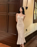 Ndyad Champagne Embroidered Sequin Suspender Dress Mermaid Party Dress HZ1024