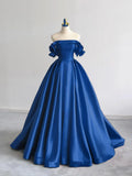 Ndyad Off Shoulder Satin Dark Blue Long Prom Dress, Dark Blue Long Formal Dress HZ1024