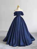 Ndyad Off Shoulder Satin Dark Blue Long Prom Dress, Dark Blue Long Formal Dress HZ1024