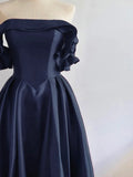 Ndyad Off Shoulder Satin Dark Blue Long Prom Dress, Dark Blue Long Formal Dress HZ1024