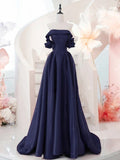 Ndyad Off Shoulder Satin Dark Blue Long Prom Dress, Dark Blue Long Formal Dress HZ1024