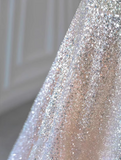 Ndyad Spaghetti Strap Tulle Sequins Long Prom Dress, Sweet 16 Dress HZ1024