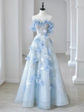 Evafashion A-line Off-the-shoulder Tulle Sequins Long Prom Dress, Blue Long Formal Dress HZ1024