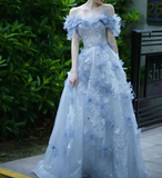 Evafashion A-line Off-the-shoulder Tulle Sequins Long Prom Dress, Blue Long Formal Dress HZ1024