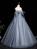 Ndyad Blue A-line Off-the-shoulder Tulle Beaded Long Prom Dress, Gray Blue Long Formal Dress HZ1024