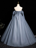 Ndyad Blue A-line Off-the-shoulder Tulle Beaded Long Prom Dress, Gray Blue Long Formal Dress HZ1024
