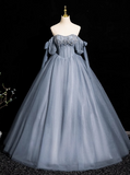 Ndyad Blue A-line Off-the-shoulder Tulle Beaded Long Prom Dress, Gray Blue Long Formal Dress HZ1024