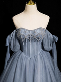 Ndyad Blue A-line Off-the-shoulder Tulle Beaded Long Prom Dress, Gray Blue Long Formal Dress HZ1024