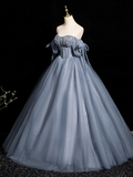 Ndyad Blue A-line Off-the-shoulder Tulle Beaded Long Prom Dress, Gray Blue Long Formal Dress HZ1024