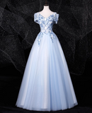 Evafashion 0ff-the-shoulder Tulle Embroidery Long Prom Dress, Elegant Long Formal Dress HZ1024