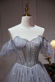 Ndyad Tulle Dusty Blue Long Prom Dress, Dusty Blue Formal Dress HZ1024