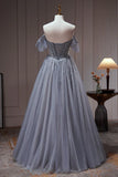 Ndyad Tulle Dusty Blue Long Prom Dress, Dusty Blue Formal Dress HZ1024