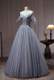 Ndyad Tulle Dusty Blue Long Prom Dress, Dusty Blue Formal Dress HZ1024