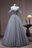 Ndyad Tulle Dusty Blue Long Prom Dress, Dusty Blue Formal Dress HZ1024