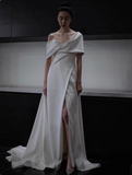 Ndyad A-Line Satin White Long Prom Dress, White Long Formal Dress HZ1024