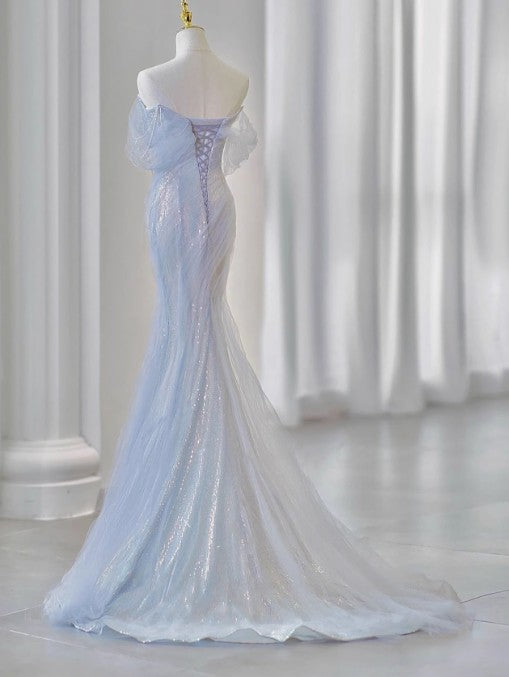 Ndyad Sweetheart Sequin Mermaid Gown-Fairytale Beaded Tulle Train Long Prom Dress for Events HZ1024